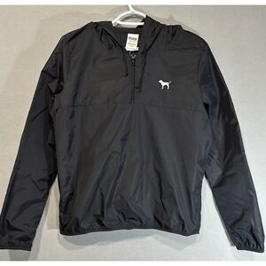 PINK Victorias Secret Nylon Jacket Size XS 1/4 Zip‎ Hoodie Black Collegiate Logo